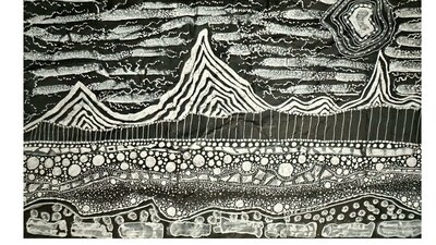 Abstract landscape with pointy white mountains on a black background