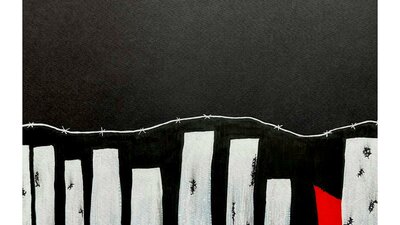White columns and a single red column on a black background