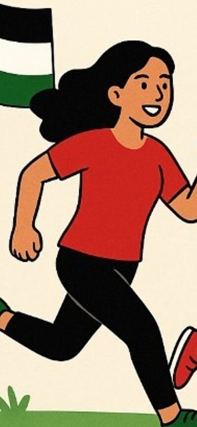 Cartoon of people running with a palestinian flag