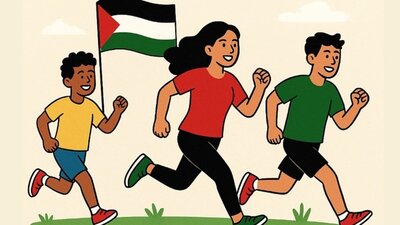 Cartoon of people running with a palestinian flag