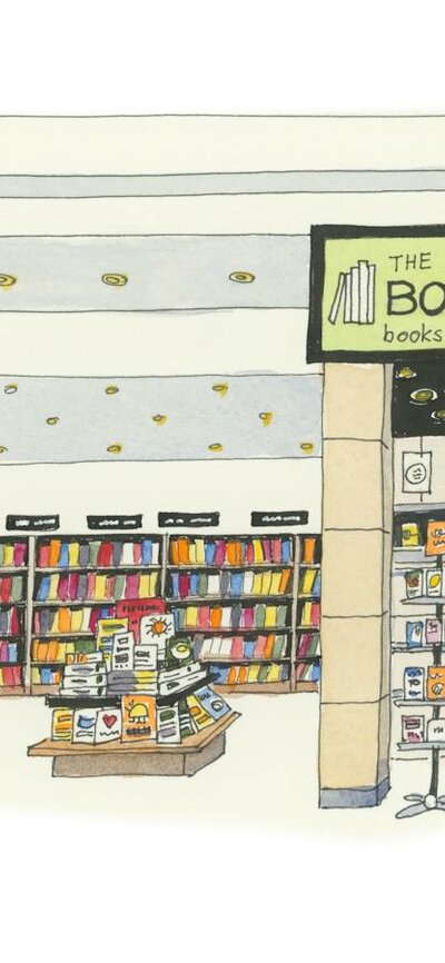 Illustration of a bookshop with text that reads "The Book Grocer"