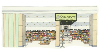 Illustration of a bookshop with text that reads "The Book Grocer"