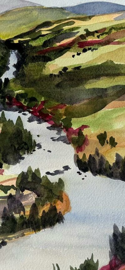 Landscape painting of a river and green hills