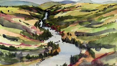 Landscape painting of a river and green hills