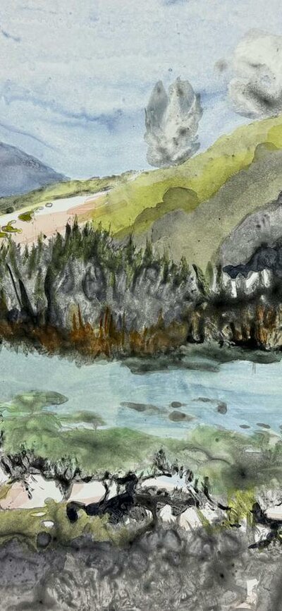 A landscape painting with a river and hills