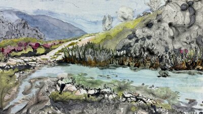 A landscape painting with a river and hills