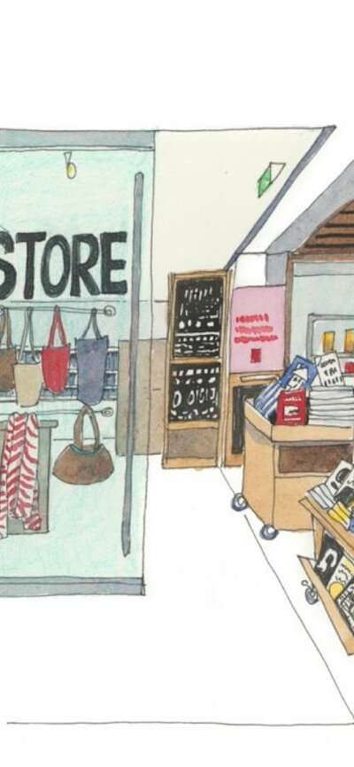 A watercolour painting of a book shop with text that reads Store