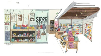 A watercolour painting of a book shop with text that reads Store