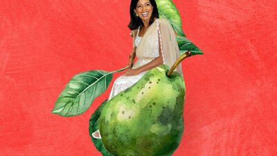 Sashi Perera sitting on a pear in a pear tree