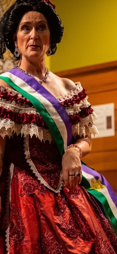 Opera singer wearing a red dress