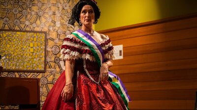 Opera singer wearing a red dress