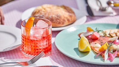 Negroni Cocktail and smoked Trout