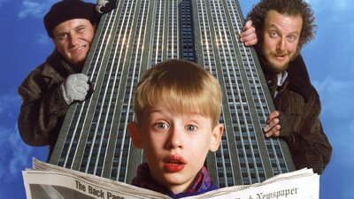 Young boy with newspaper and two mischievous men peeking behind building