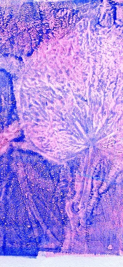 Purple and pink ink tones with white etchings of different leaf shapes