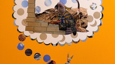 A collage image of a bird dreaming of another bird that is building a house