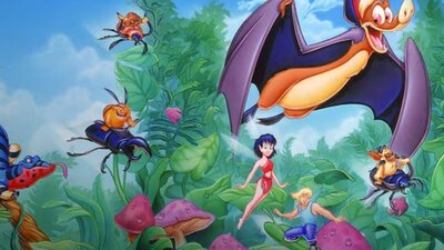 Animated still from FernGully showing flying fairies, insects and other fantastical creatures