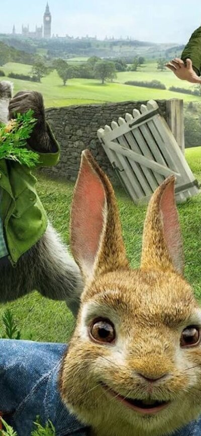 Animated still from Peter Rabbit showing a group of rabbits running away from a man