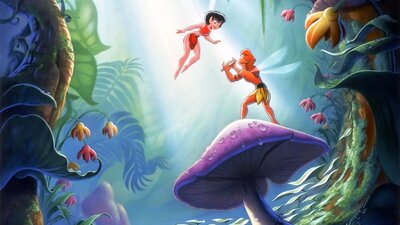 Animated still from FernGully showing two fairies in a rainforest environment