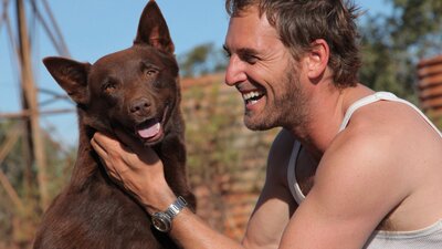 Still from Red Dog showing a man petting a kelpie