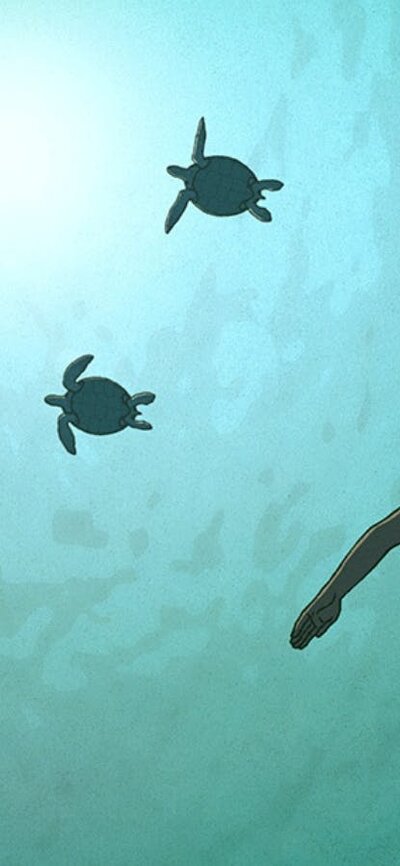 The Red Turtle / La Tortue rouge (2016) Animation of two turtles underwater and a boy swimming towards them