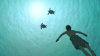 The Red Turtle / La Tortue rouge (2016) Animation of two turtles underwater and a boy swimming towards them