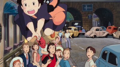 Kiki's Delivery Service 1:00 PM Wed, Oct 7, 2026 Animation of a young girl on a broomstick with cat flying over gasping crowds