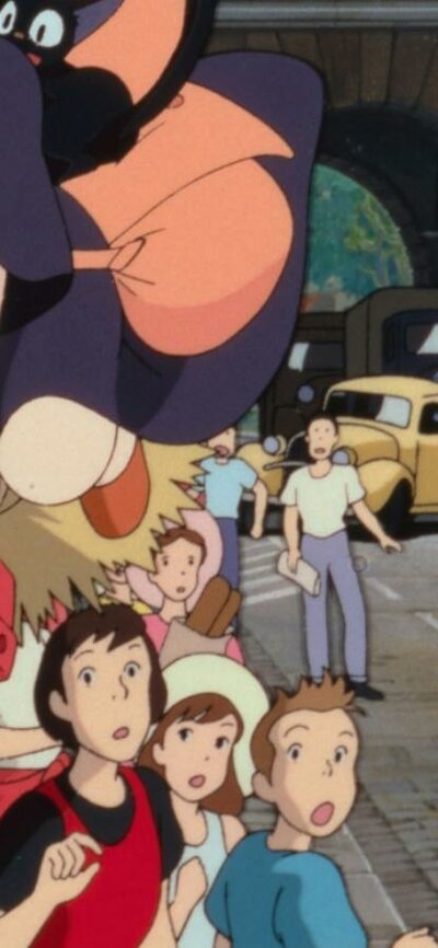 Animation of a young girl on a broomstick with cat flying over gasping crowds