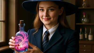 A witch holding a Mood Bloom Potion