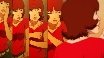 animation of mirrors and a woman with short hair