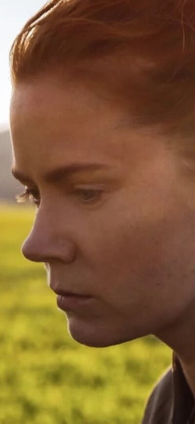 Arrival (2016) Profile of woman with her hair in a bun, field in background with a UFO in background