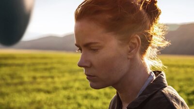 Arrival (2016) Profile of woman with her hair in a bun, field in background with a UFO in background