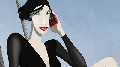 Science. Art. Film.: Ruben Brandt, Collector 26 August, 2026 Animation of a woman with black hair and black top talking on a red mobile phone
