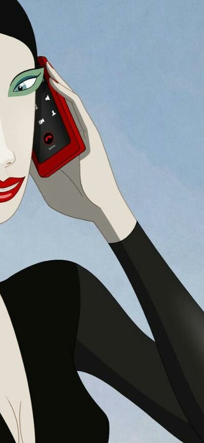 Animation of a woman with black hair and black top talking on a red mobile phone