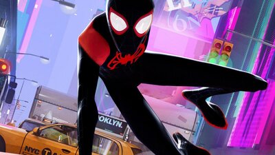 Animated still from Spider-Man showing Spider-Man in a cityscape