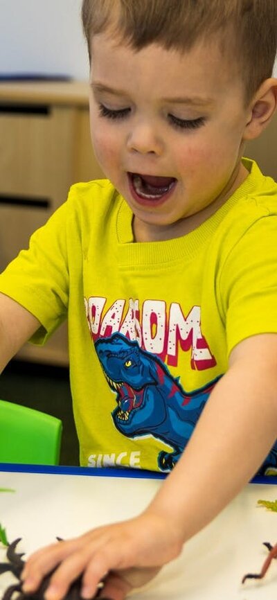 A young boy wearing a yellow shirt with blue dinosaur plays with toy dinosaurs at Science Time