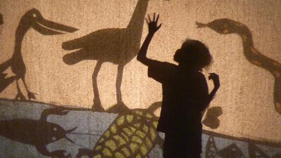 Boy and shadow puppets