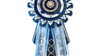 Matilda Hillam, Silver Stripes, 2025. An assemblage artwork made of blue and silver ribbons with the text ' GOING GREY' on the bottom