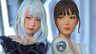A digital futuristic portrait of two young women.