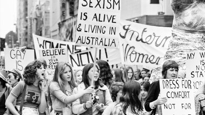 Black and white photographs of demonstrations and protest