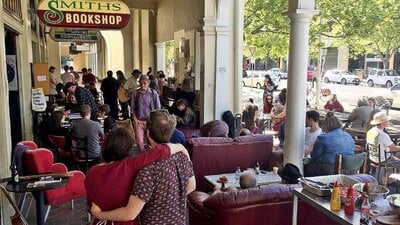 Group of people outside pub