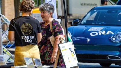 People discussing sustainability with electric car in background