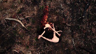 Immerse yourself in live dance and film with SPHERE Bird's eye view of 3 figures interlocked together. They're surrounded by the dirt of a forest floor.