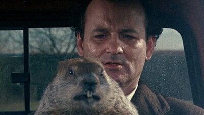 Still from Groundhog Day showing a man sitting in a car with a groudhog on his lap