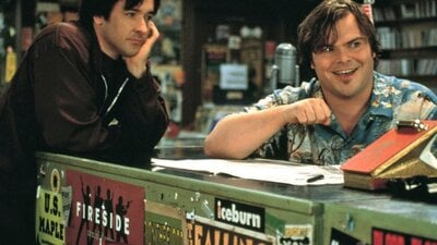 Still from High Fidelity showing two men in a record shop