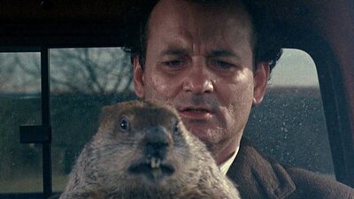 Still from Groundhog Day showing a man sitting in a car with a groudhog on his lap