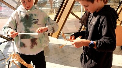 two young boys doing craft with cardboard