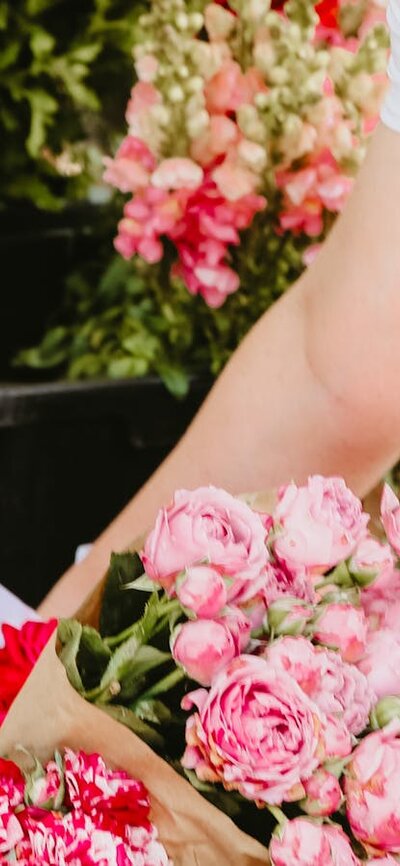 A person reaches down to grab a bunch of pink flowers