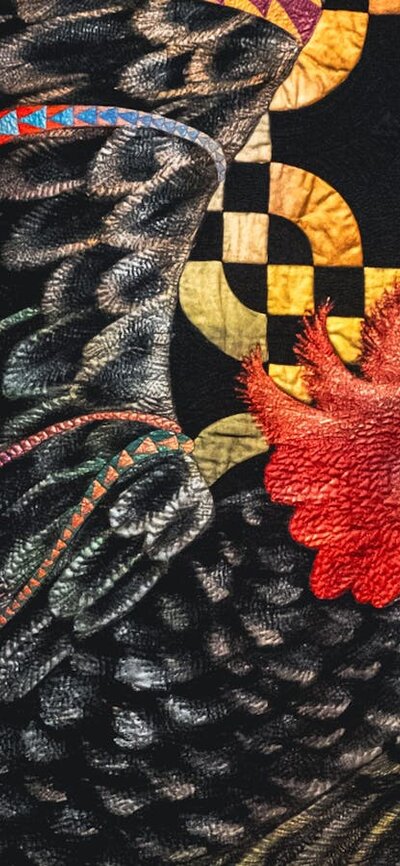 Freedom quilt by Helen Godden of a gang-gang cockatoo in flight with bright details surrounding