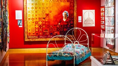 Installation photo, Stitching Stories, image of exhibition