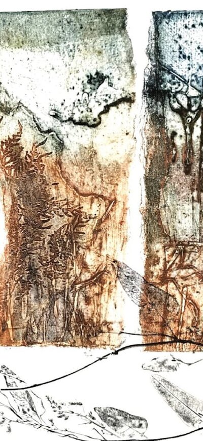 An artistic print of a landscape with trees and grass